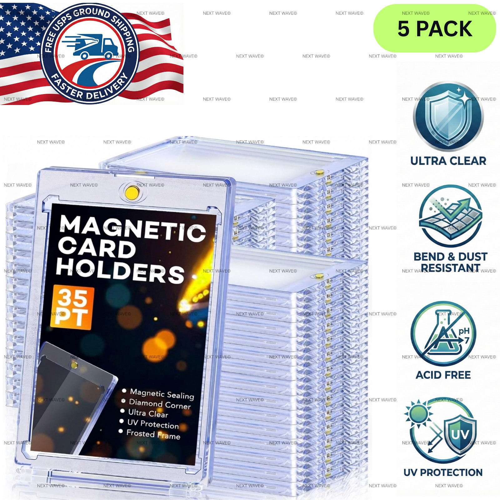 5 Pack Magnetic Trading Sports Card Holders 35pt One-Touch Hard UV Protection