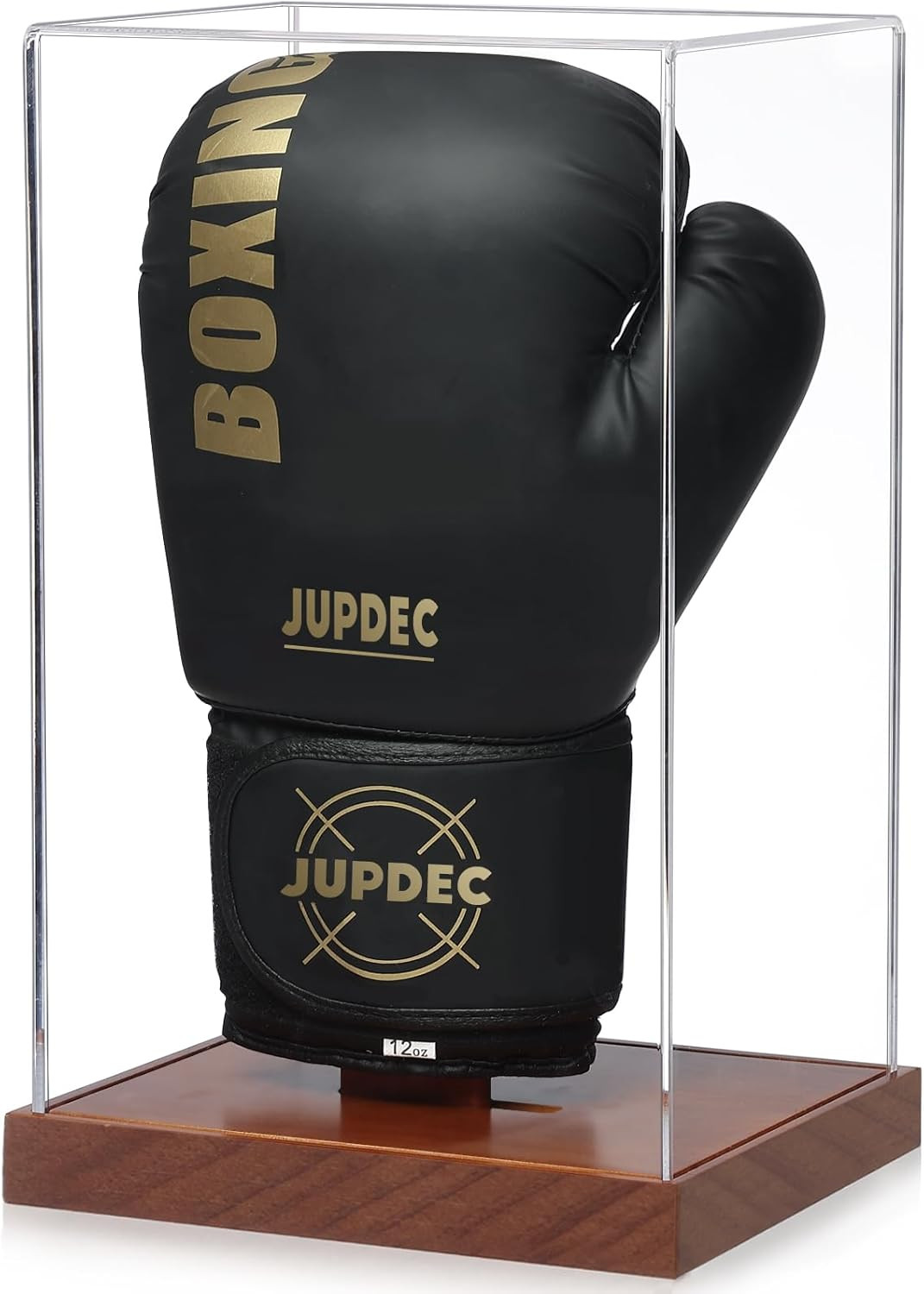 Jupdec Boxing Glove Display Case, Clear Acrylic Showcase with Wood Base & Plank