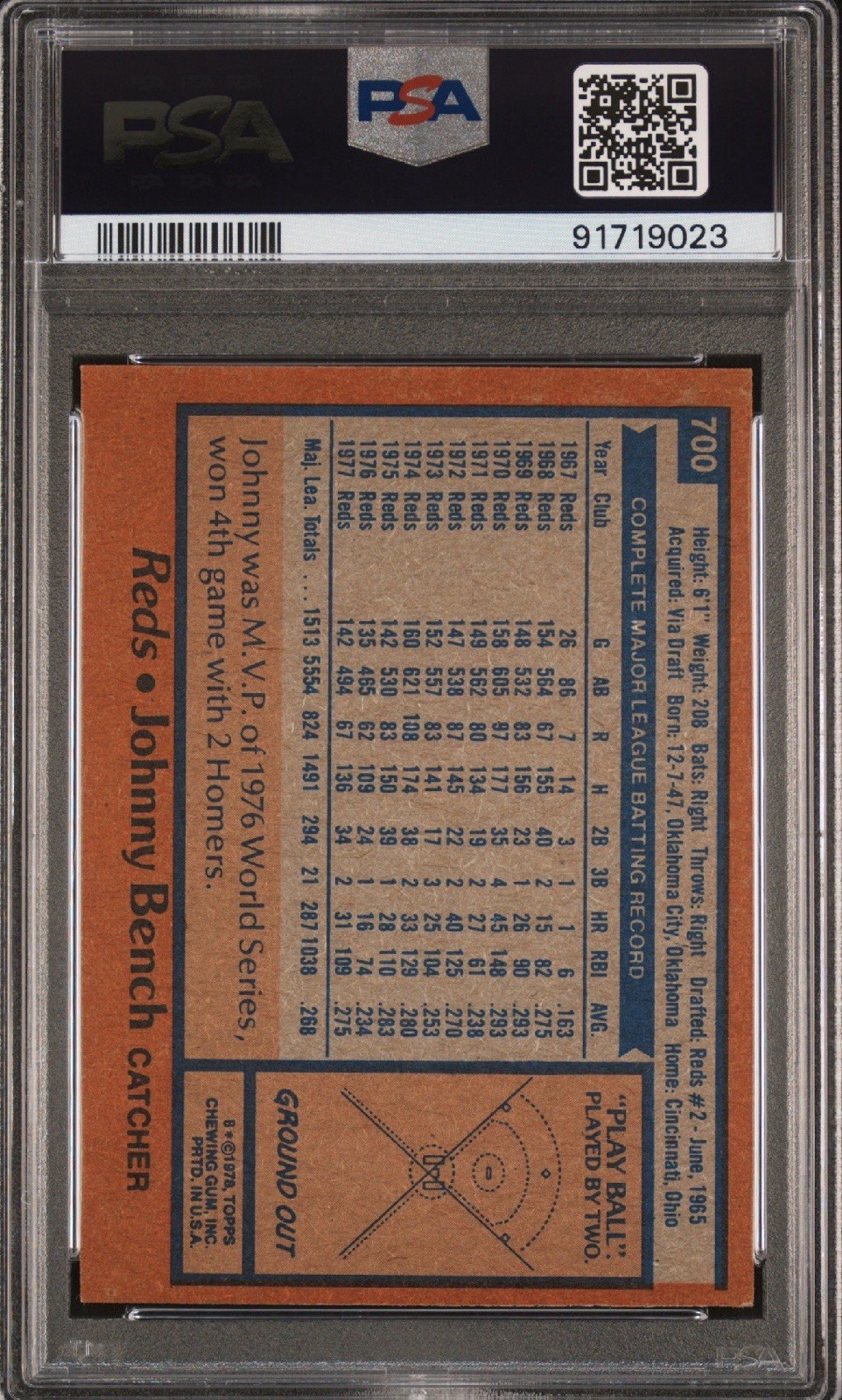1978 Topps #700 Johnny Bench HOF PSA 6 EX/MT REDS FREE SHIPPING