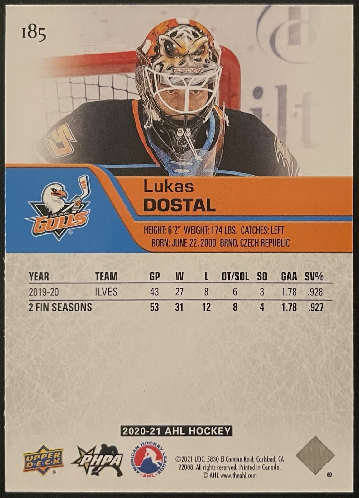 Lukas Dostal Rookie 2020-21 Upper Deck AHL Star Rookies #185 (RC) Anaheim Ducks