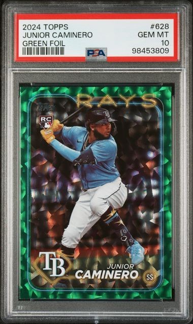 Junior Caminero 2024 Topps #628 Green Crackle Foil Board /499 Rookie PSA 10