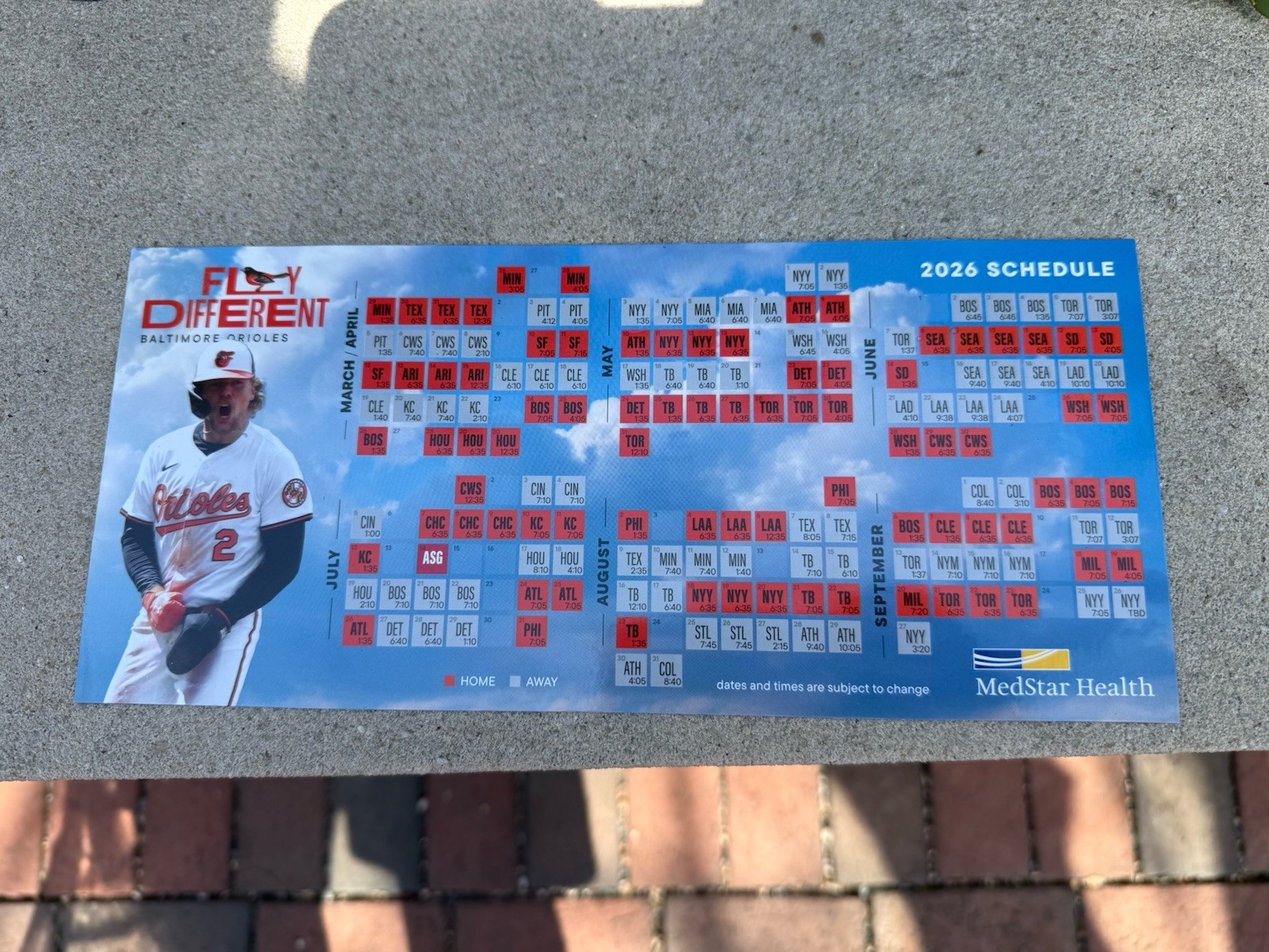 Baltimore Orioles 2026 Season Schedule Magnet Opening Day SGA Gunnar Henderson