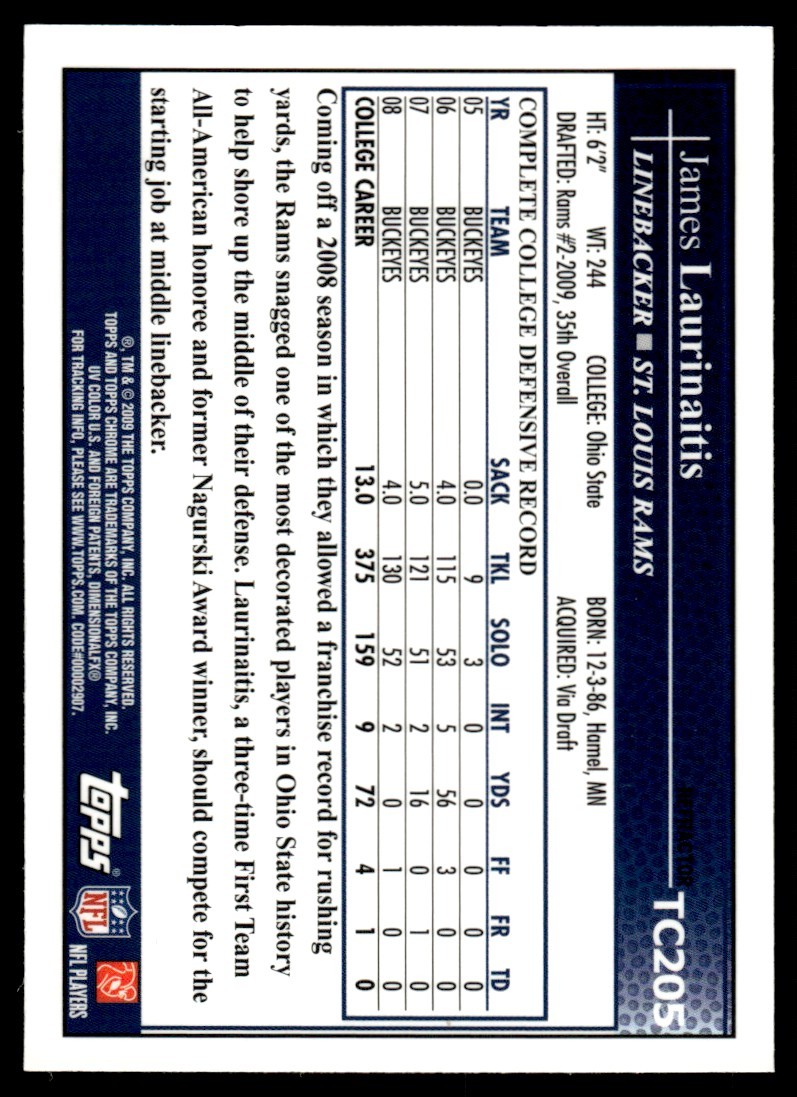 2009 Topps Chrome Blue Refractor James Laurinaitis RC St. Louis Rams #TC205