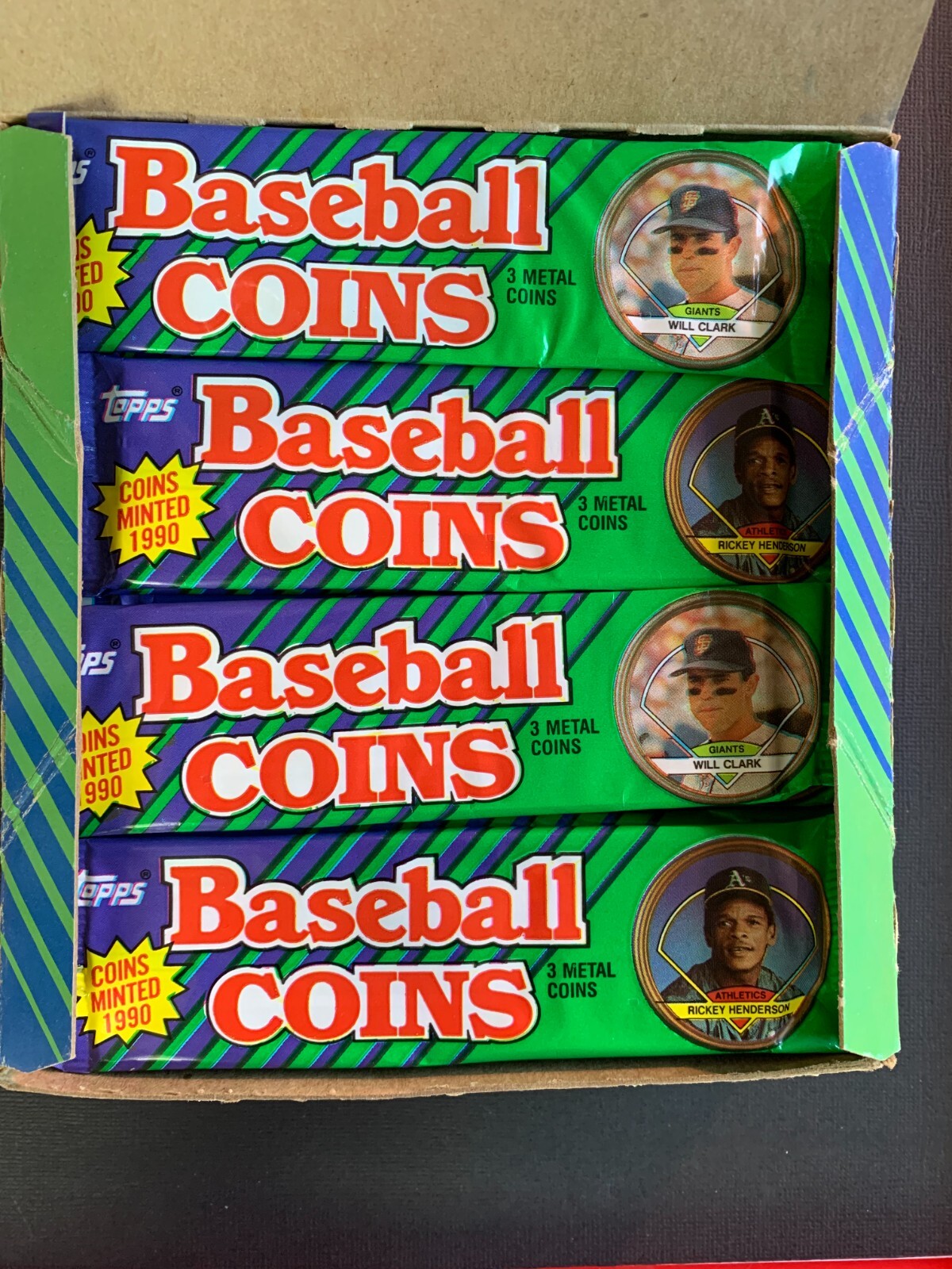 1990 Topps Baseball Coins, Unopened Pack of 3 Coins. Possible Nolan Ryan & more