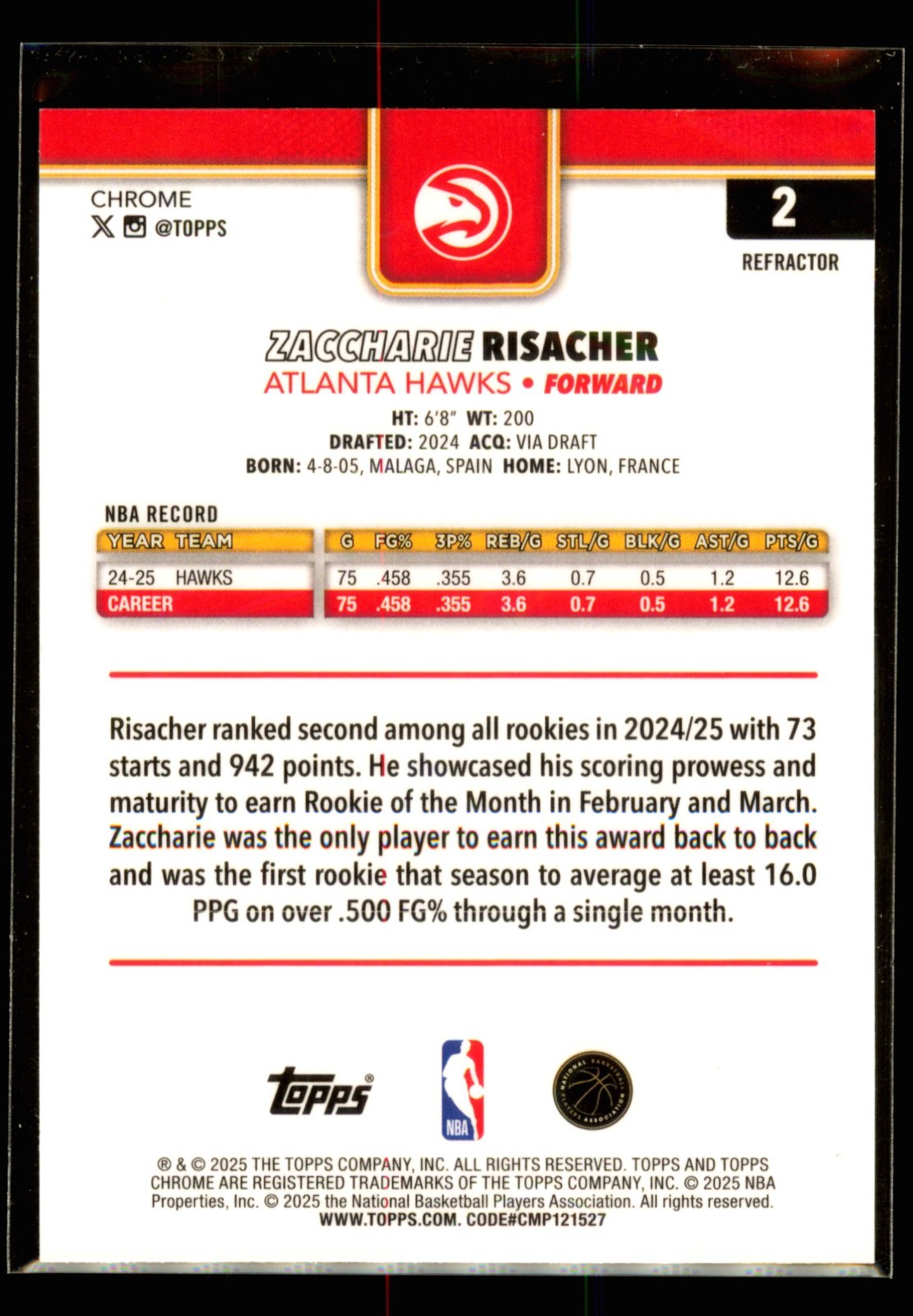 2025-26 Topps Chrome Zaccharie Risacher #2 Refractor – Atlanta Hawks