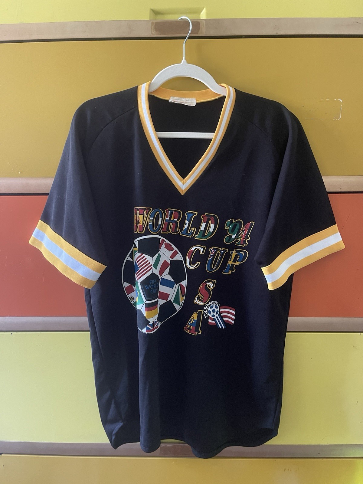 FIFA World Cup USA 94 V-Neck Soccer Shirt Black with Gold & White Trim