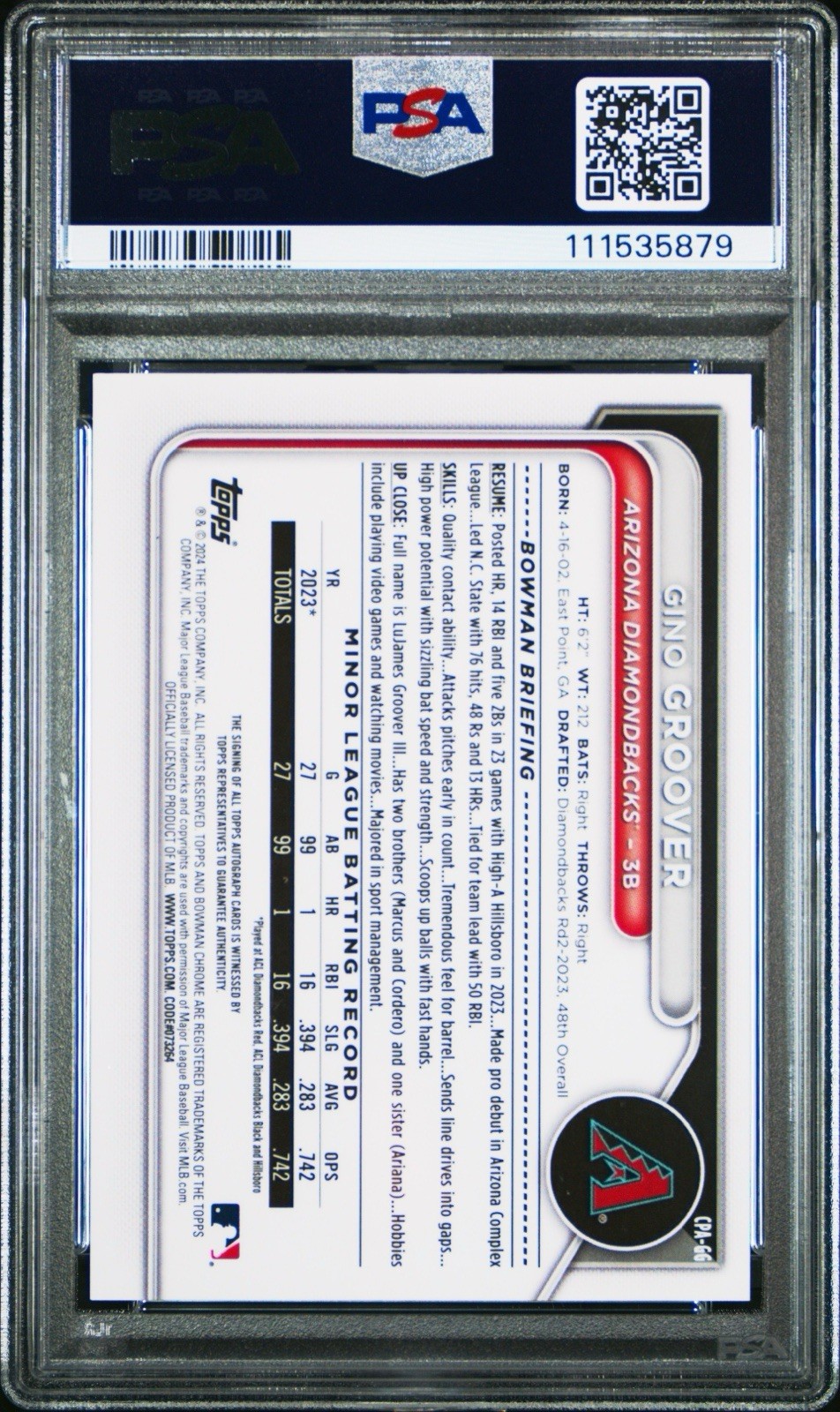 2024 Bowman Chrome Gino LuJames Groover 1st Auto Purple Ref /250 PSA 10