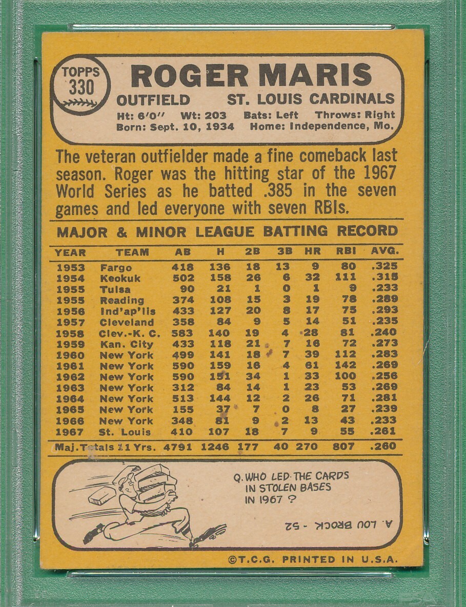 SOLID CLEAN PSA 3 VG ROGER MARIS 1968 TOPPS #330 GRADED VERY GOOD VINTAGE *TPHLC