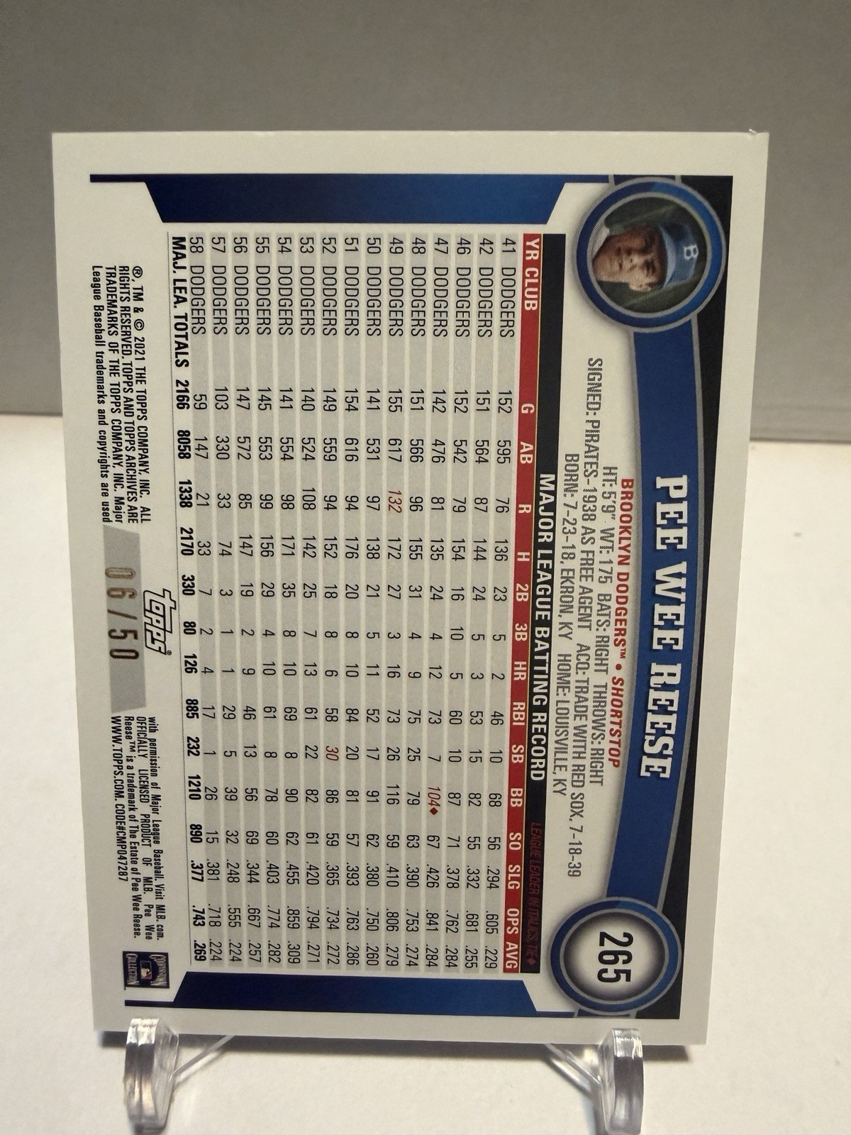2021 Topps Archives – 2011 Topps Pee Wee Reese #265 Red Hot Foil 6/50 Dodgers