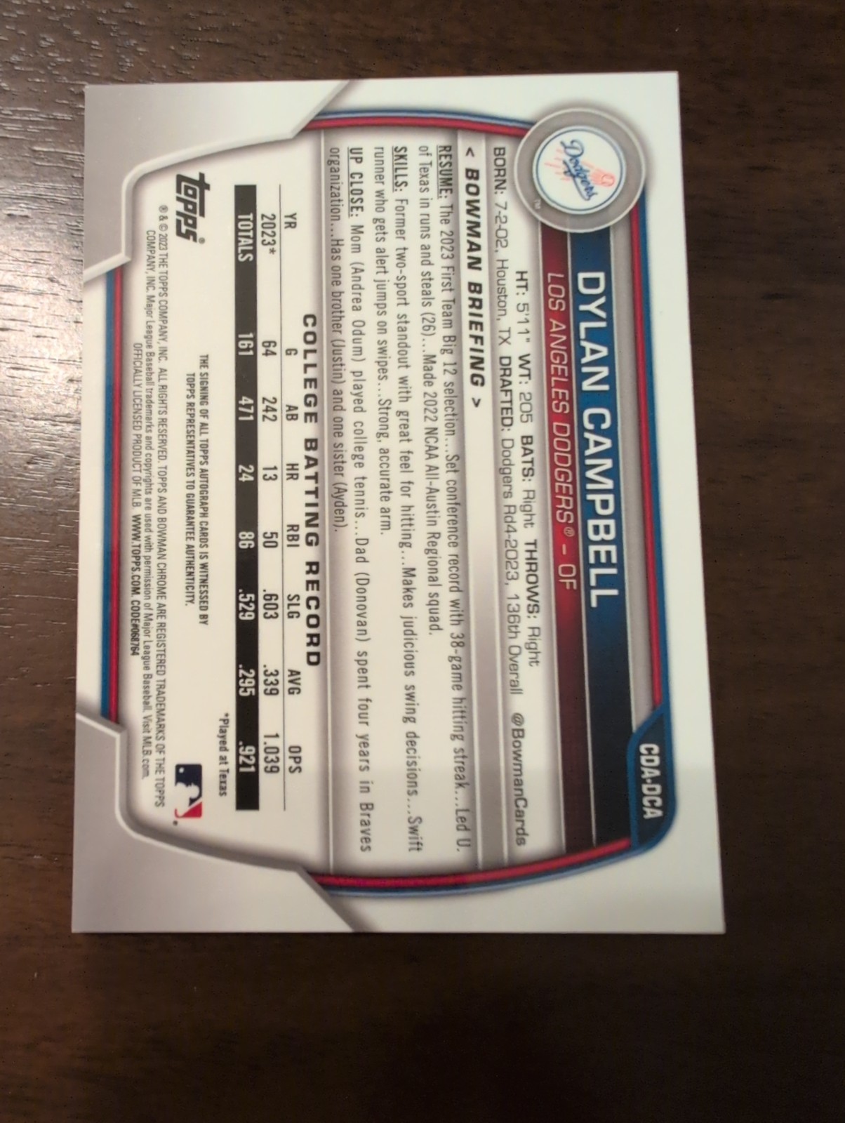 2023 Bowman Draft 1st Chrome Prospect Autographs Dylan Campbell On Card Dodgers