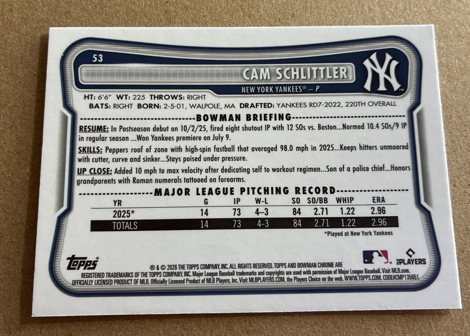 Topps 2026 Bowman Chrome Mojo Refractor RC Cam Schlittler #53 Yankees