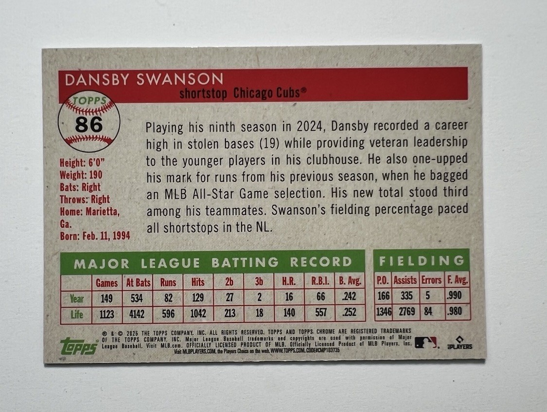 2025 Topps Chrome Platinum /150 Dansby Swanson SPECKLE REFRACTOR #86 Cubs