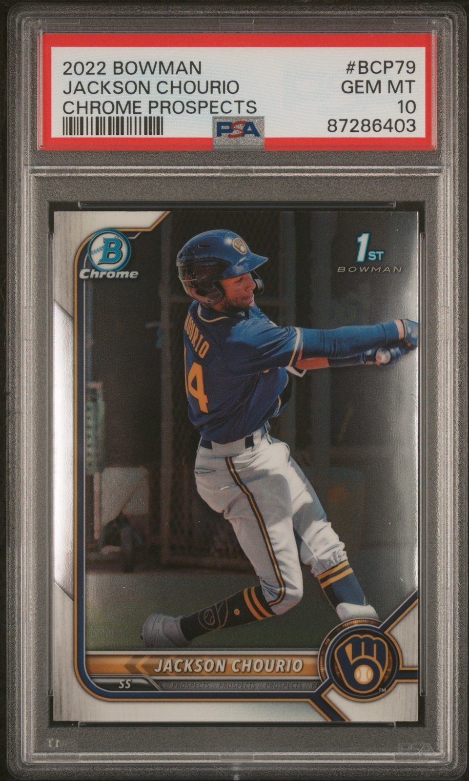 PSA 10 JACKSON CHOURIO 1st 2022 Bowman Chrome Prospects Rookie Card RC GEM MINT