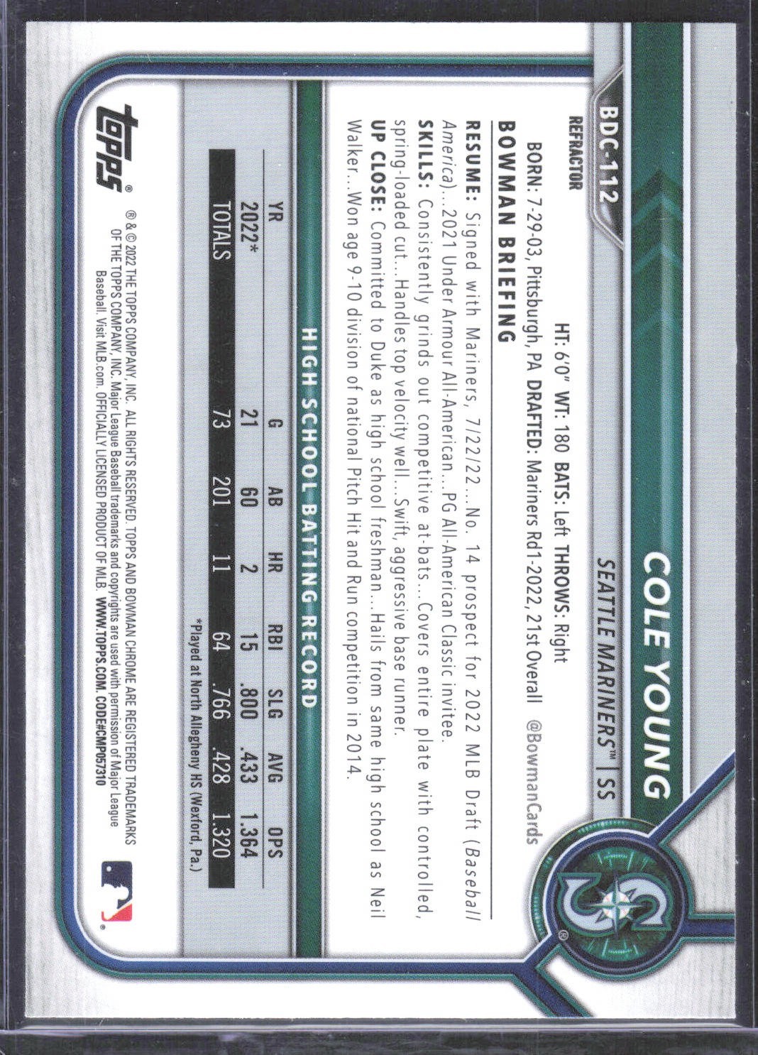 2022 1st Bowman Draft Cole Young Chrome Refractor #BDC-112 Mariners