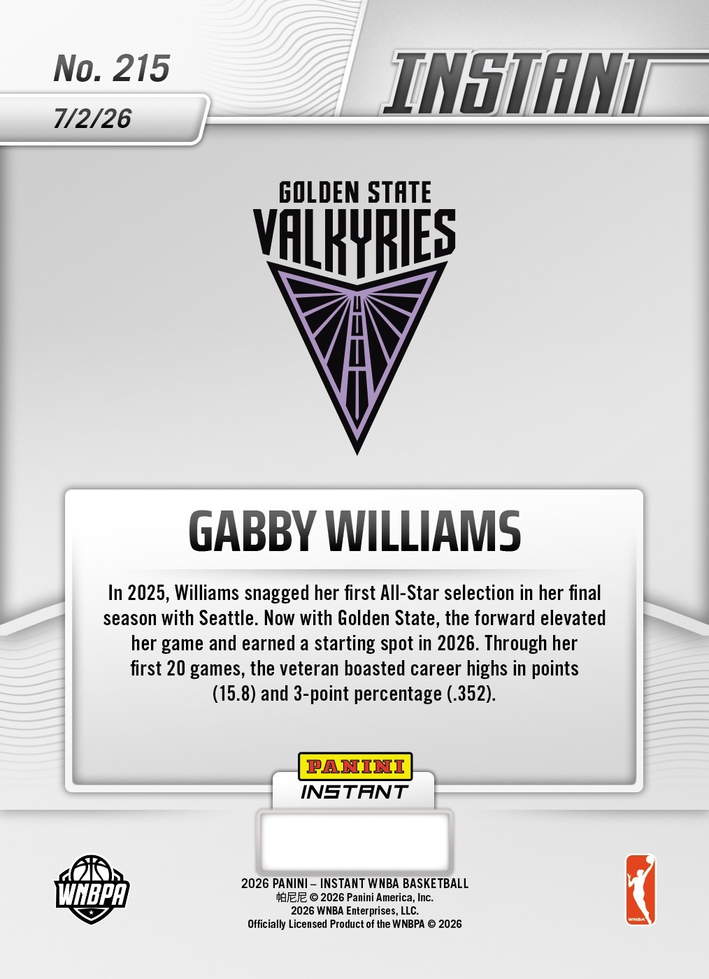 2026 Panini Instant WNBA #215 Gabby Williams Golden State Valkyries PRESALE