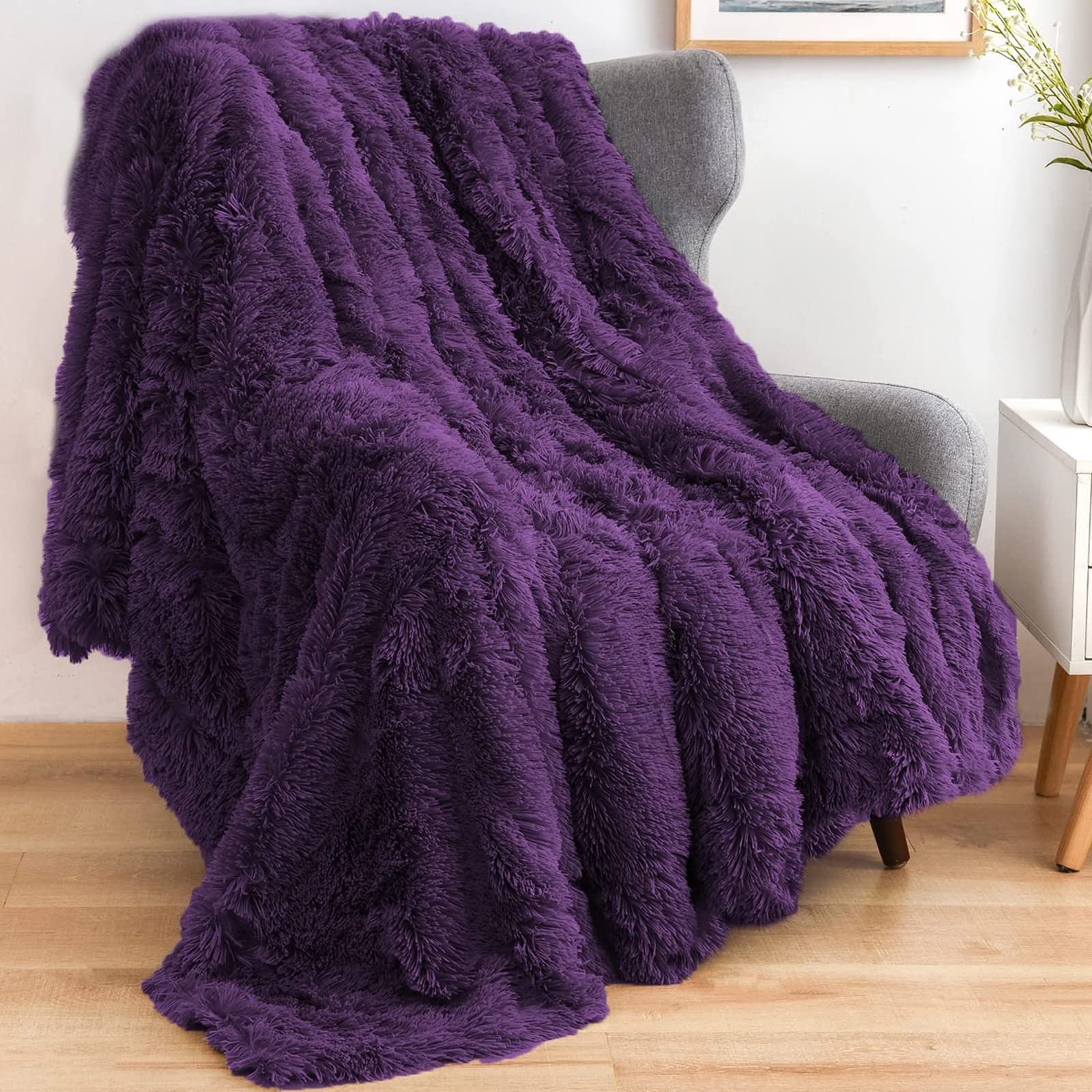 GONAAP Fuzzy Faux Fur Throw Blanket Purple Super Soft Throw(50″x60″),