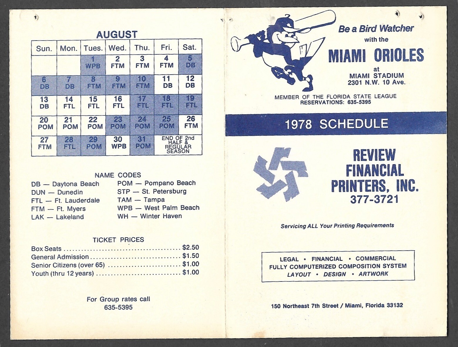 1978 MIAMI ORIOLES FSL Single A Minors Regular Season POCKET SCHEDULE VG-EX