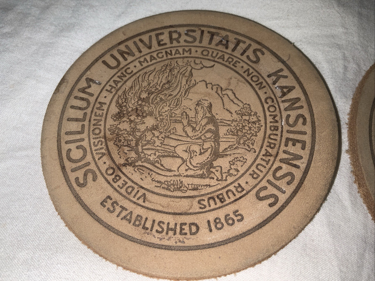 KU University of Kansas Set of 2 Latin Leather Coasters Universitatus Kansiensis