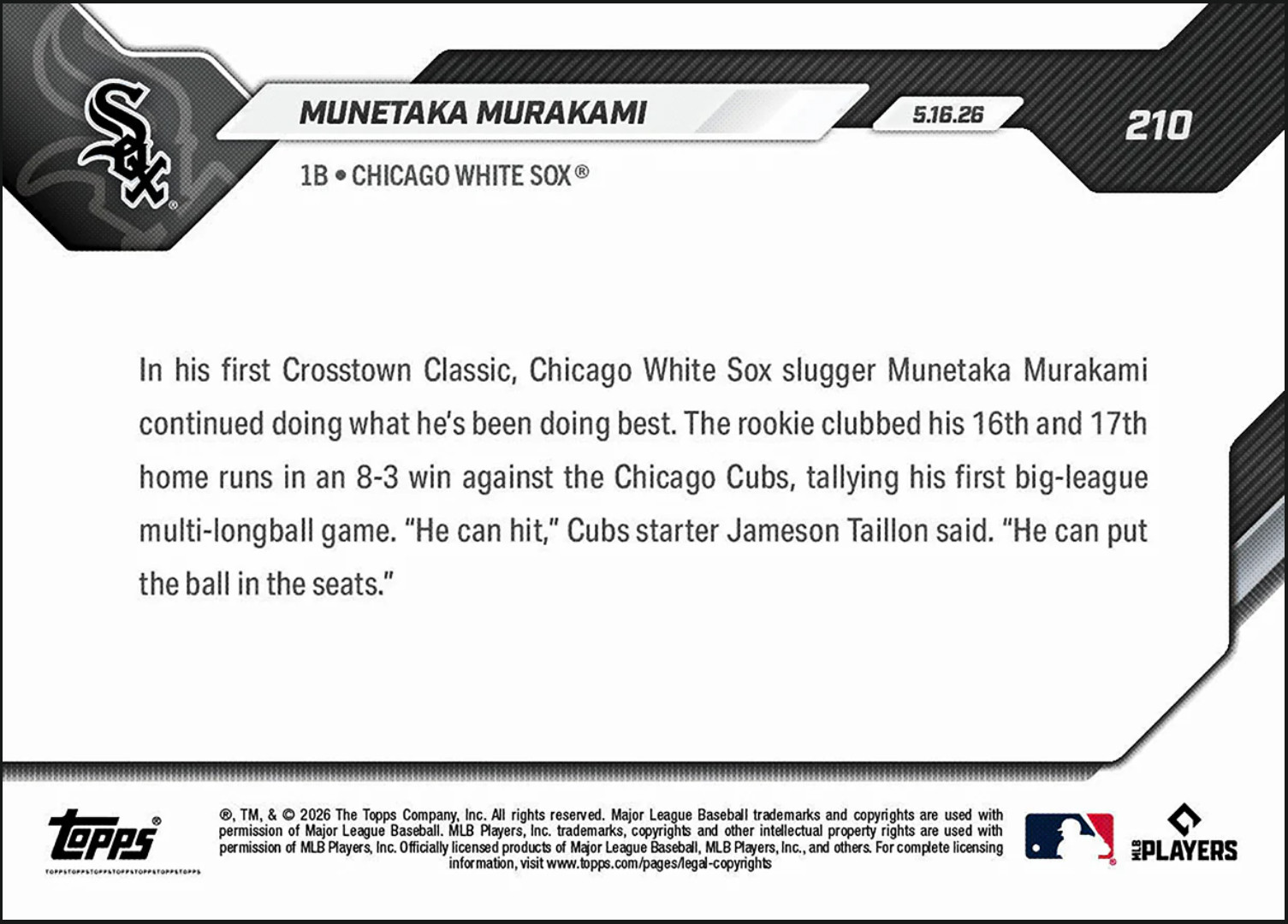 Munetaka Murakami (RC) – 2026 MLB Topps NOW® – Card 210 IN HAND #B