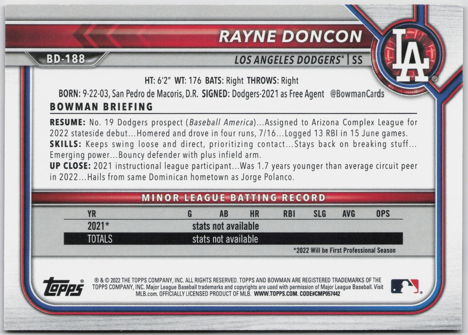 2022 Bowman Draft 1st Edition #BD-188 Rayne Doncon Yellow #/75