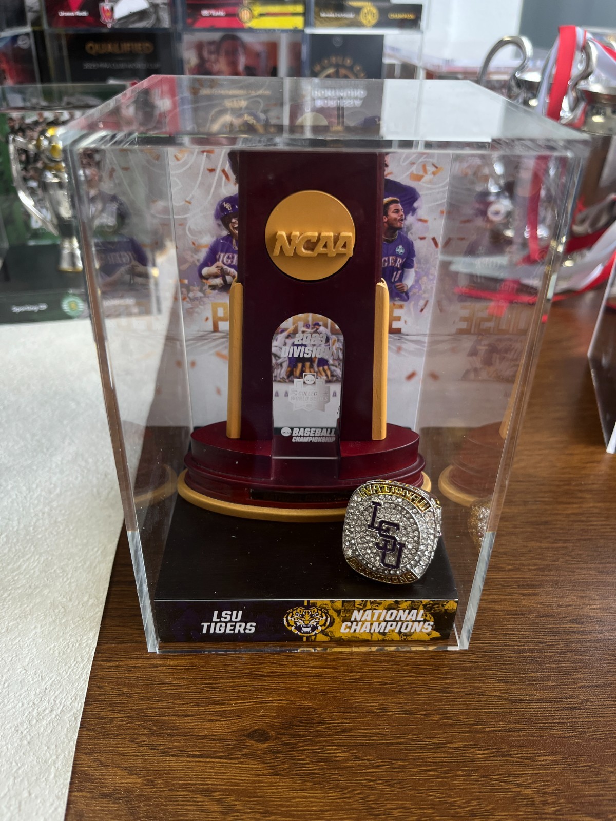 2023 LSU Tigers NCAA Baseball Wooden 12cm Height Trophy & Ring With Acrylic Case