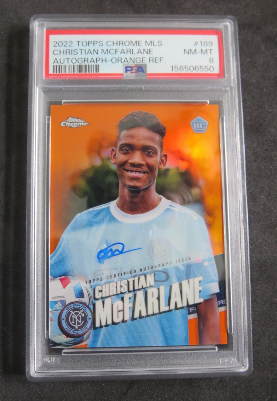 2022 Topps Chrome Christian McFarlane #189 Orange Refractor Auto 8/25 RC PSA 8 E