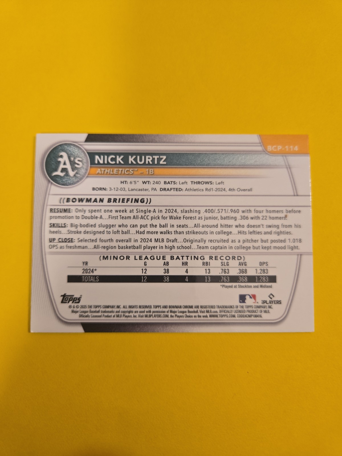 2025 Bowman – Chrome Prospects Nick Kurtz #BCP-114 (RC)