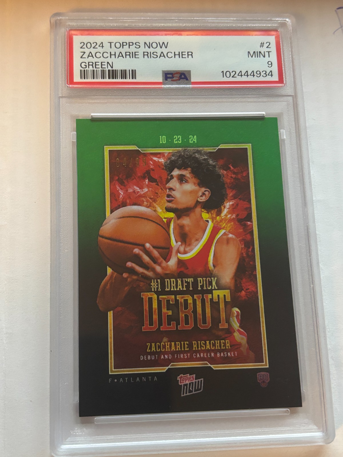 PSA 9 Zaccharie Risacher Green 34/99 2024-25 Topps NOW RC Debut Rookie Atlanta