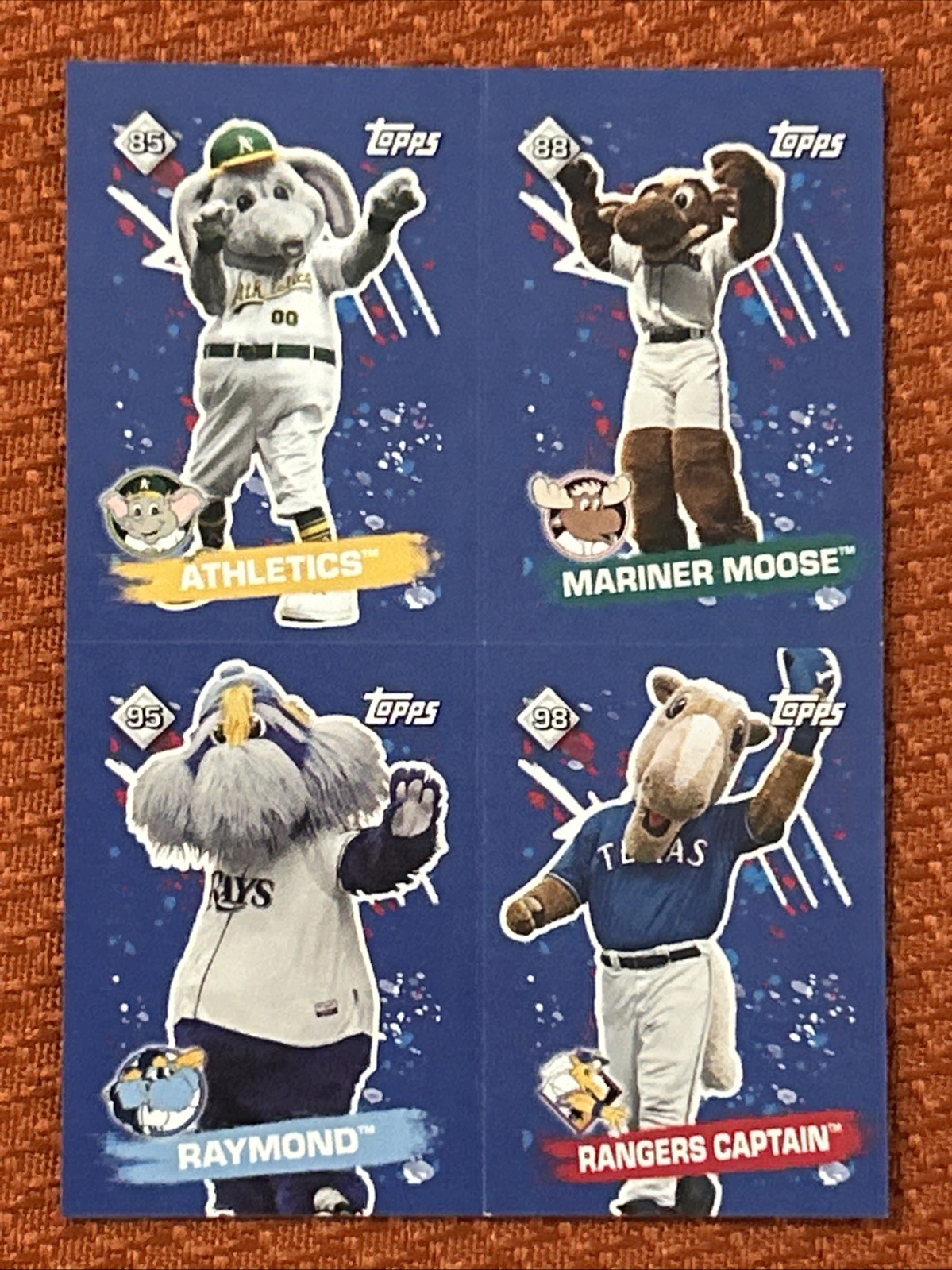 2020 MLB Stickers #85/88/95/98 Mascots Athletics/Moose/Raymond/Captain
