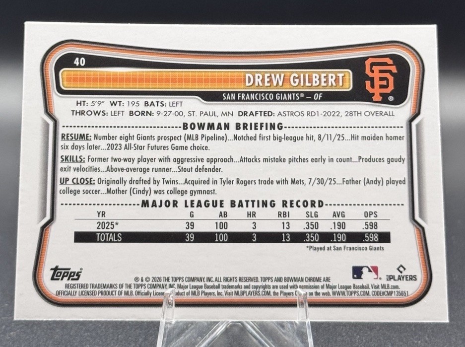 2026 Bowman Chrome Drew Gilbert RC Bowman Mojo Refractor #40 Mega Box Exclusive
