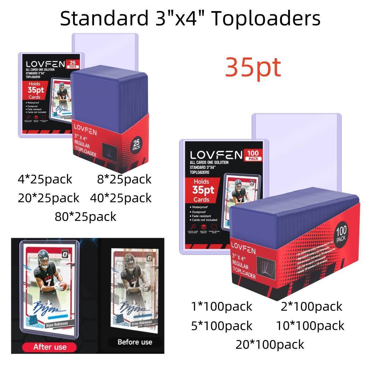 100/200/500/1000/2000CT Regular 3″x4″ Toploaders For Standard 35pt Sports Cards