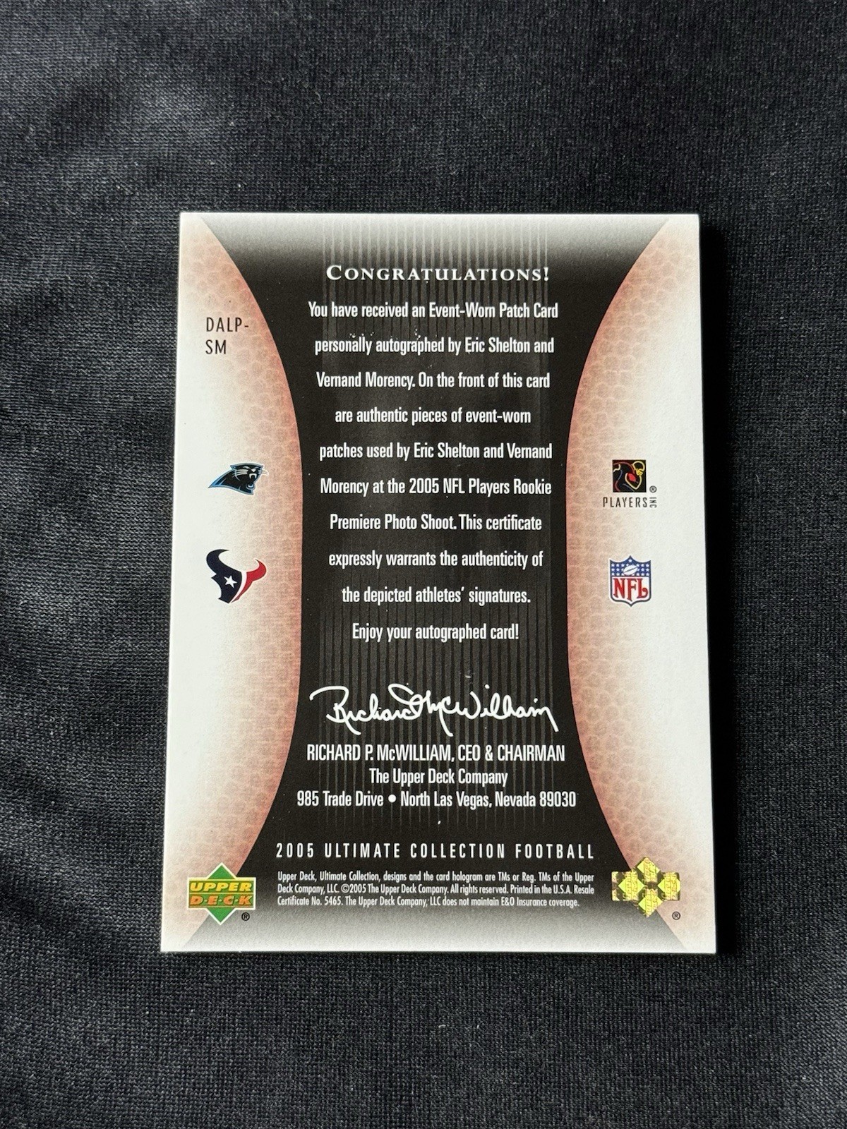 2005 Ultimate Logo Signature NFL Shield Auto 1/1 Vernand Morency / Eric Shelton