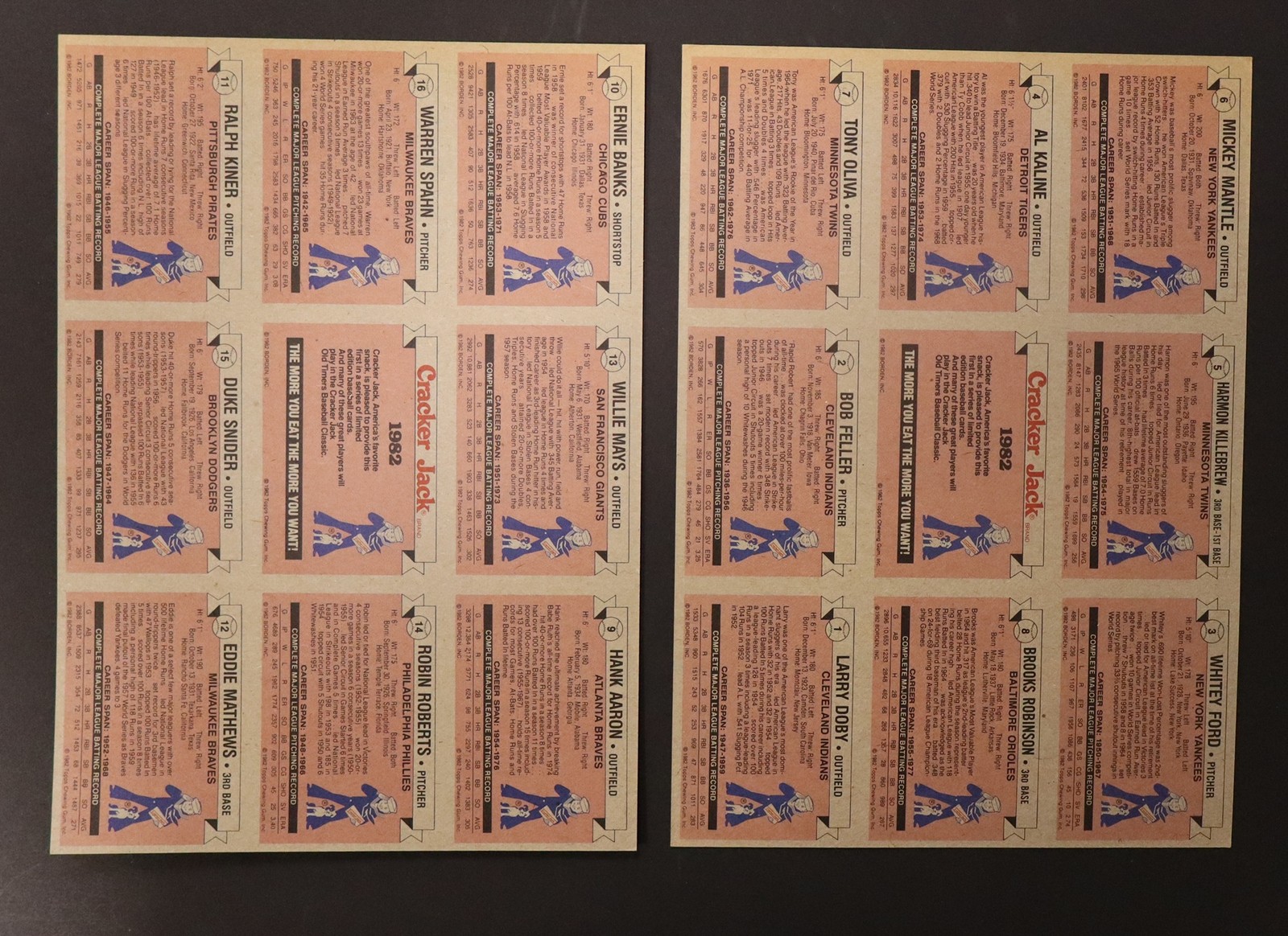 1982 Cracker Jack All Time Baseball Greats Uncut Sheet Set *H929