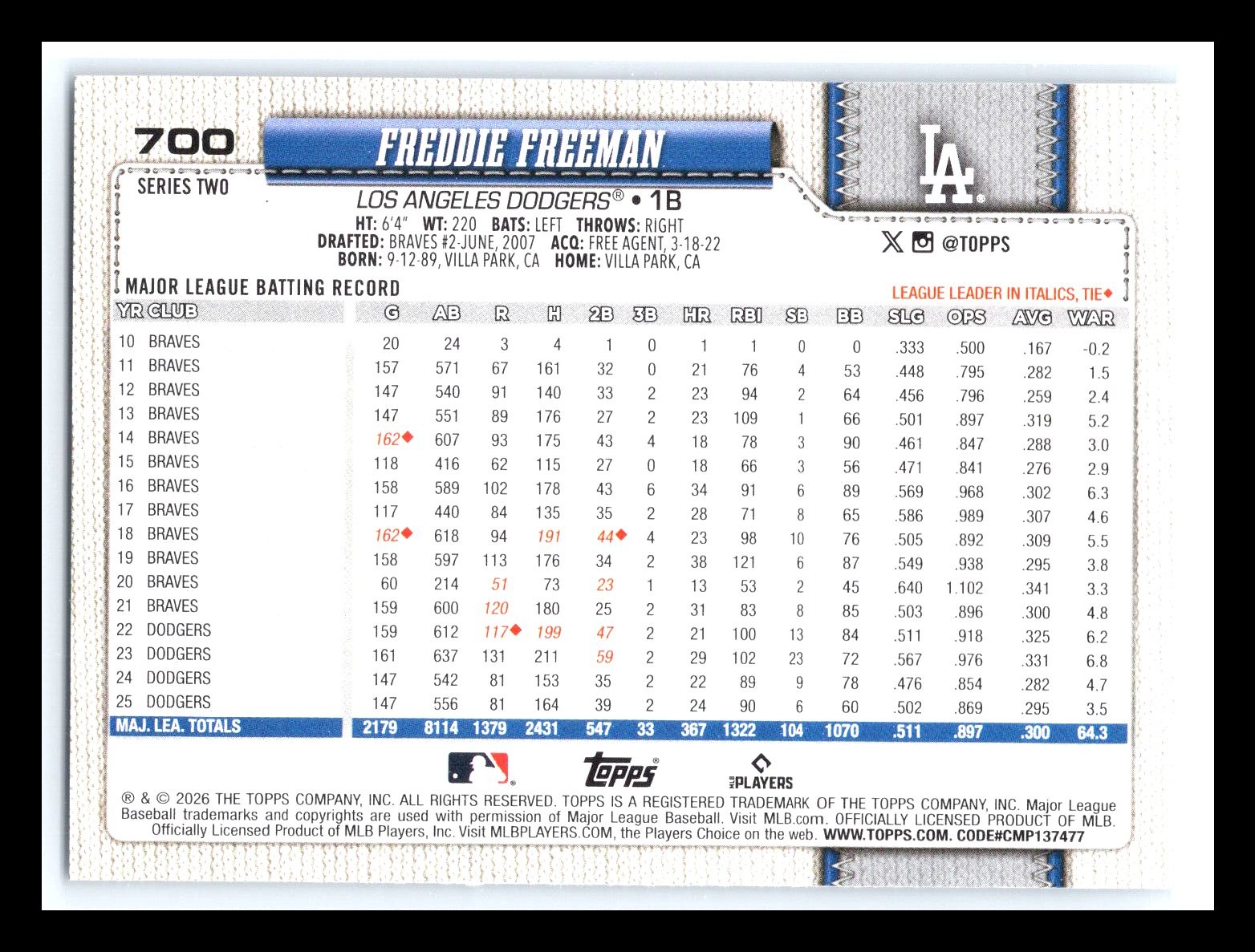2026 Topps #700 Freddie Freeman