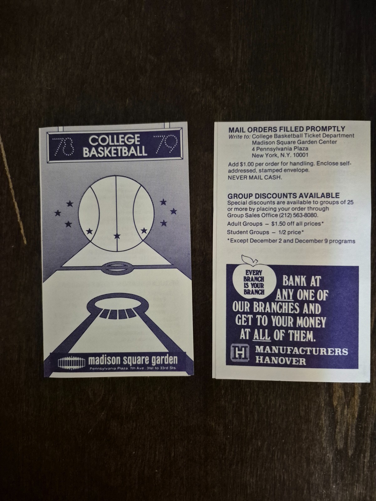 1978-79 Madison Square Garden College Basketball Pocket Schedule