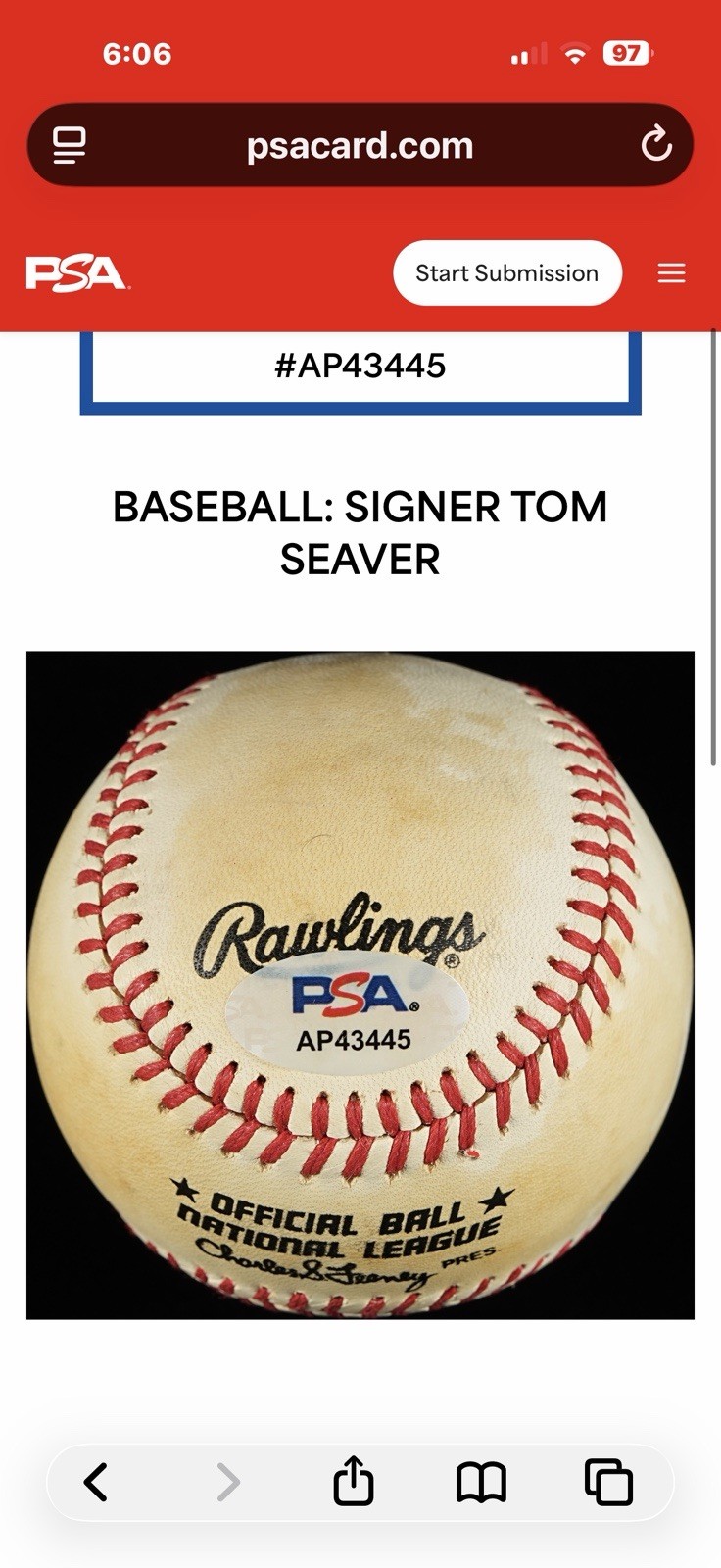 Tom Seaver Signed Baseball Autograph Auto PSA/43445