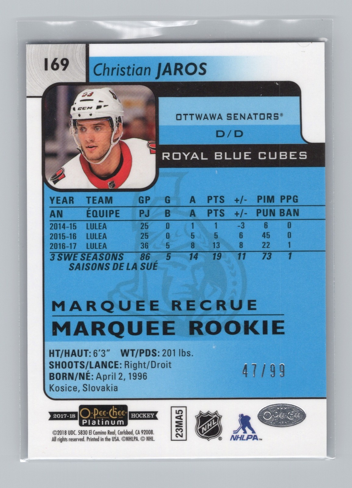 2017-18 O-Pee-Chee Platinum Rookie Christian Jaros #169 Royal Blue Cubes /99 RC