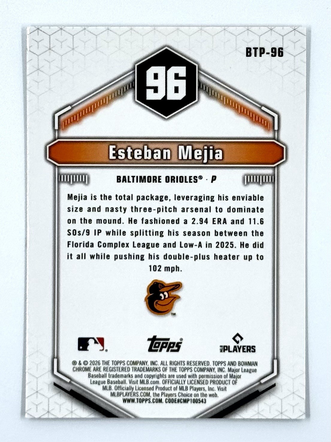 2026 Bowman Baseball Esteban Mejia #BTP-96 Top 100 Prospects SP Orioles