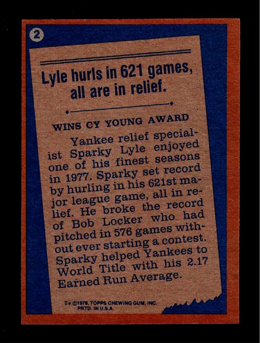 1978 Topps #2 SPARKY LYLE RB New York Yankees RECORD BREAKERS VG/EX