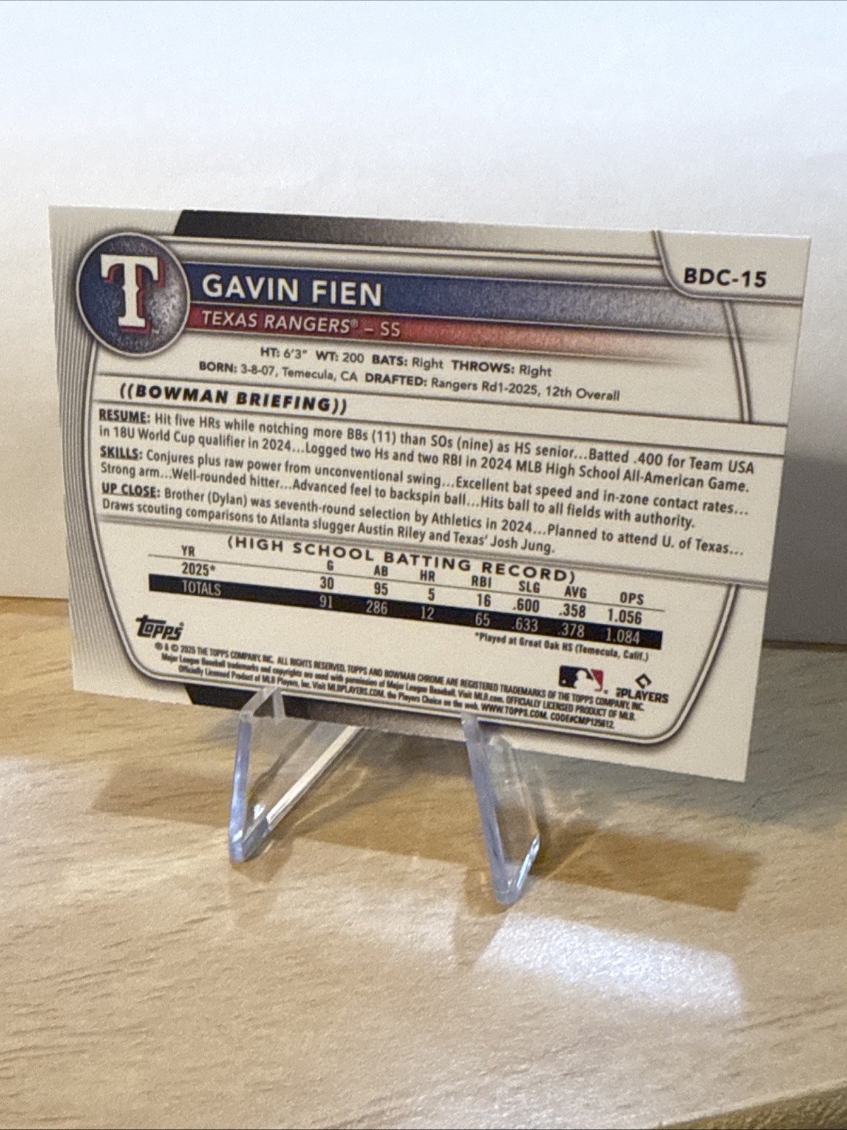 2025 Bowman Draft – Chrome Gavin Fien #BDC-15 (RC)