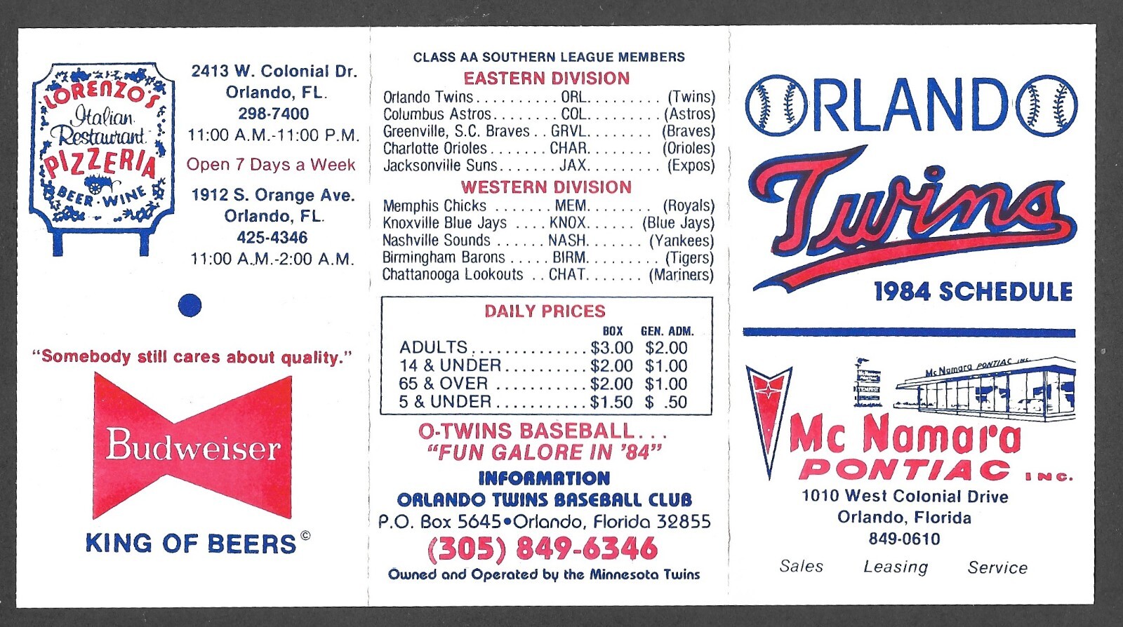 1984 ORLANDO TWINS (Minors) Budweiser Regular Season POCKET SCHEDULE NM-MINT