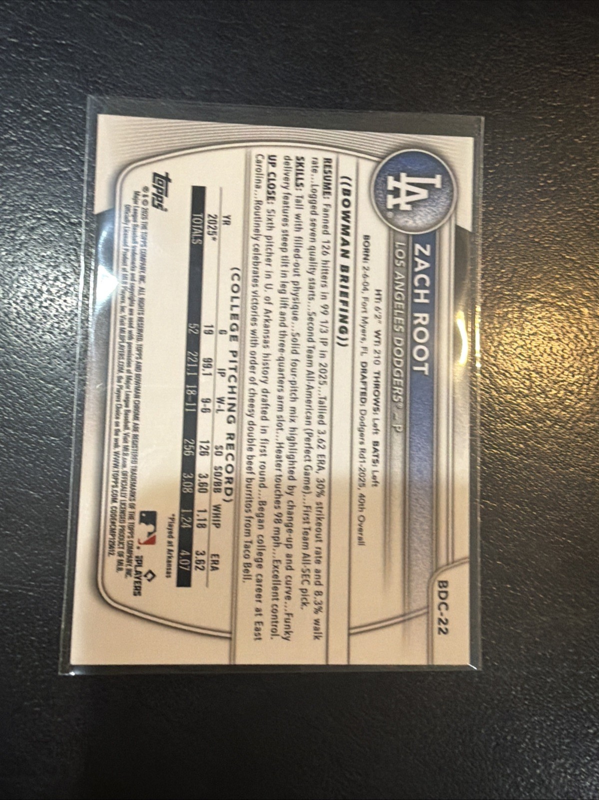 2025 Bowman Draft Sapphire Zach Root 1st Bowman #BDC-22 LA Dodgers