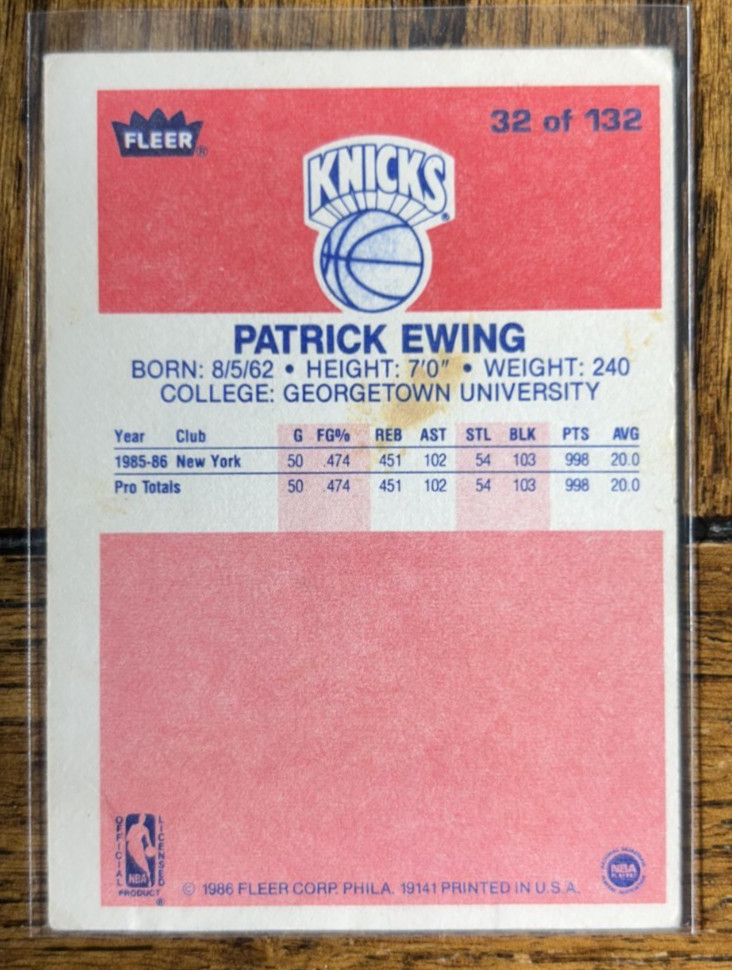 1986-87 Fleer Patrick Ewing #32 Rookie RC HOF New York Knicks