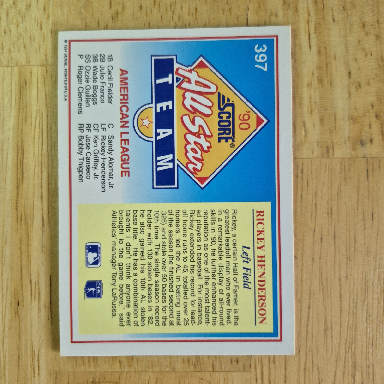 Rickey Henderson | 1991 Score Baseball All Star #397 Oakland Athletics