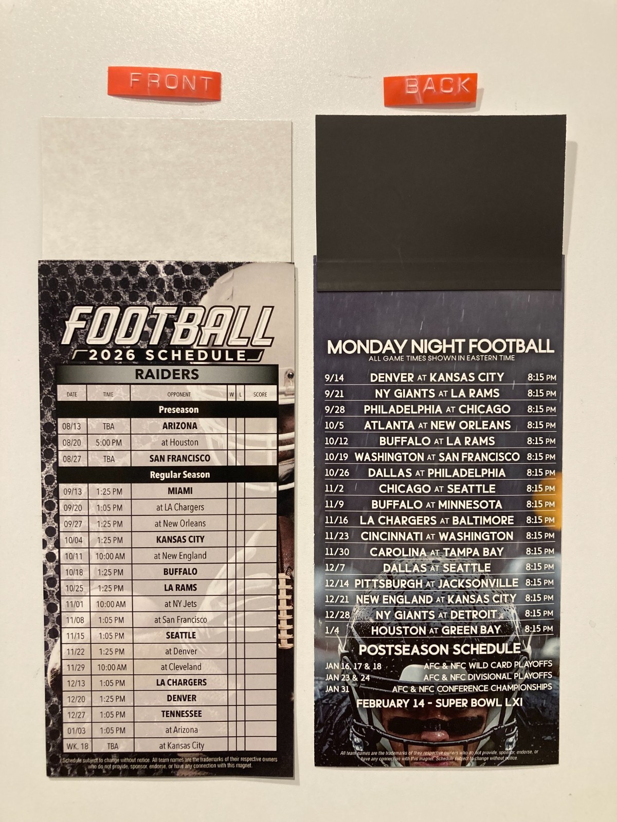 NFL 2026 LAS VEGAS RAIDERS PARTIAL MAGNET SCHEDULE DATES, TIMES + MONDAY GAMES