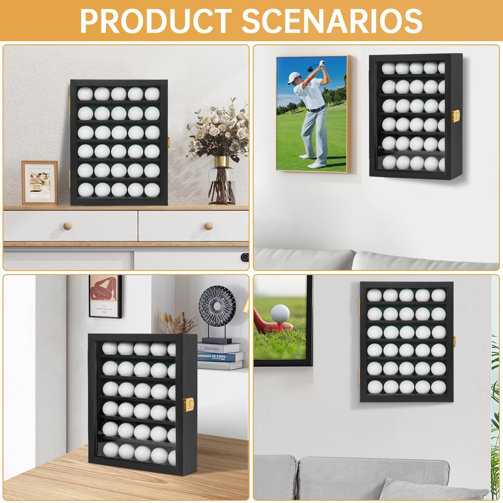 Solid Wood Golf Ball Display Case Holder Wall Mount Acrylic Door 30 Balls