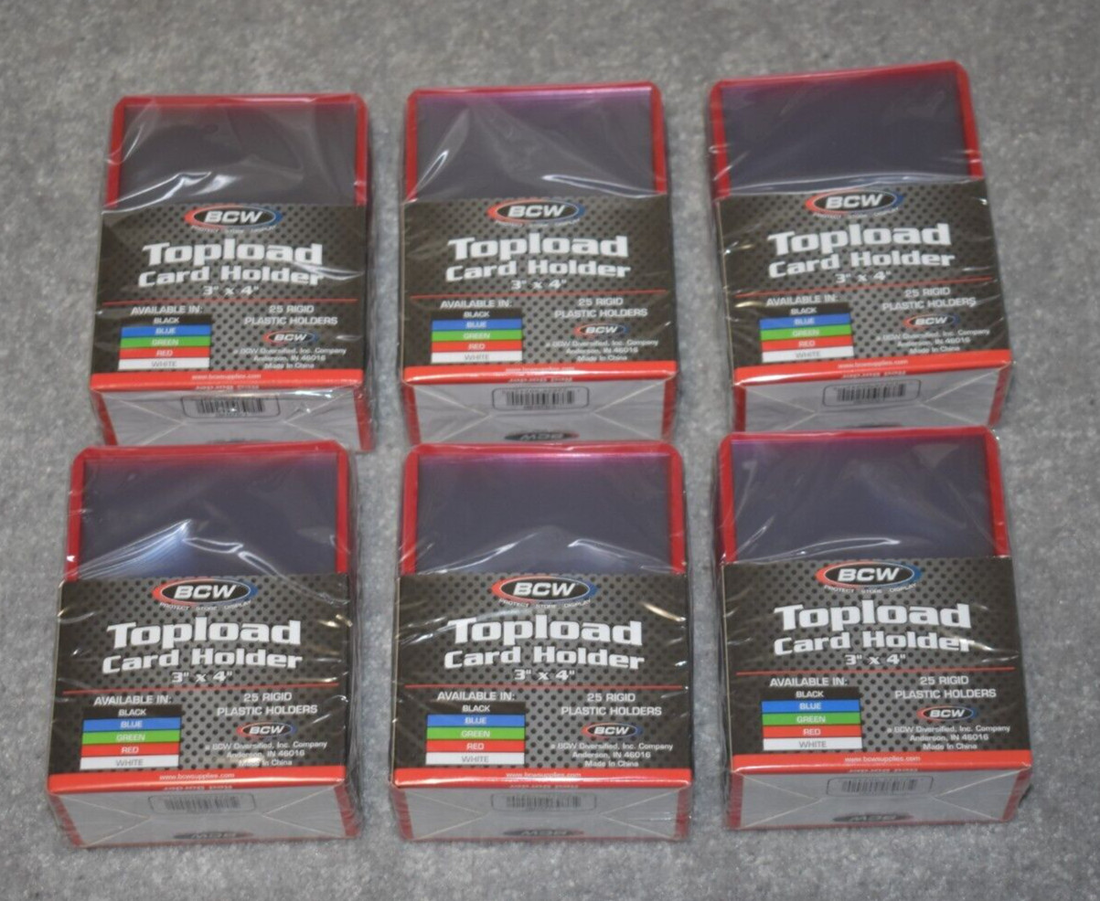 SIX 25 COUNT 3X4 TOPLOAD CARD HOLDERS WITH RED BORDER FOR STANDARD 20 PT. CARDS