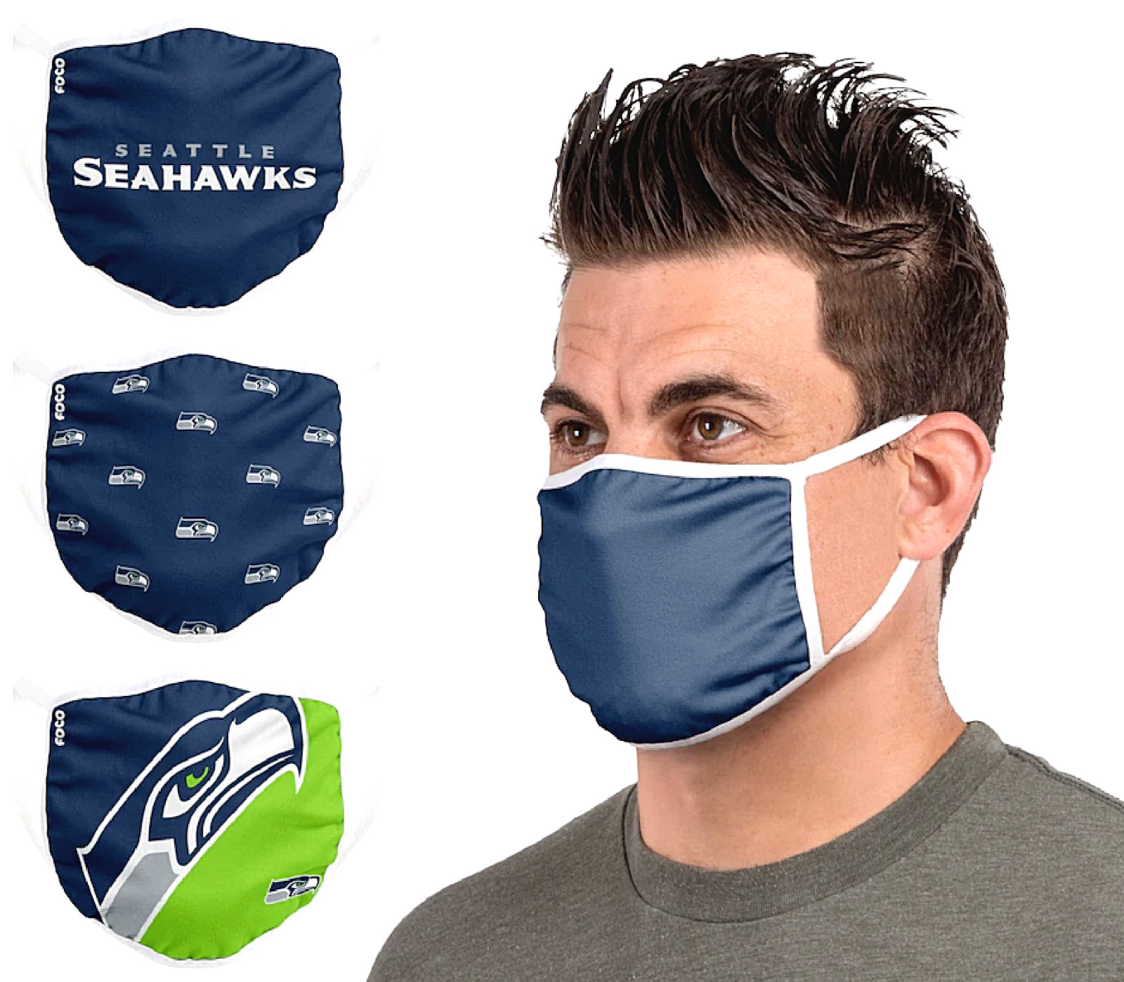 3 Pack Seattle Seahawks Logo Face Mask 2 Layer NFL Football New Unisex Adult Men