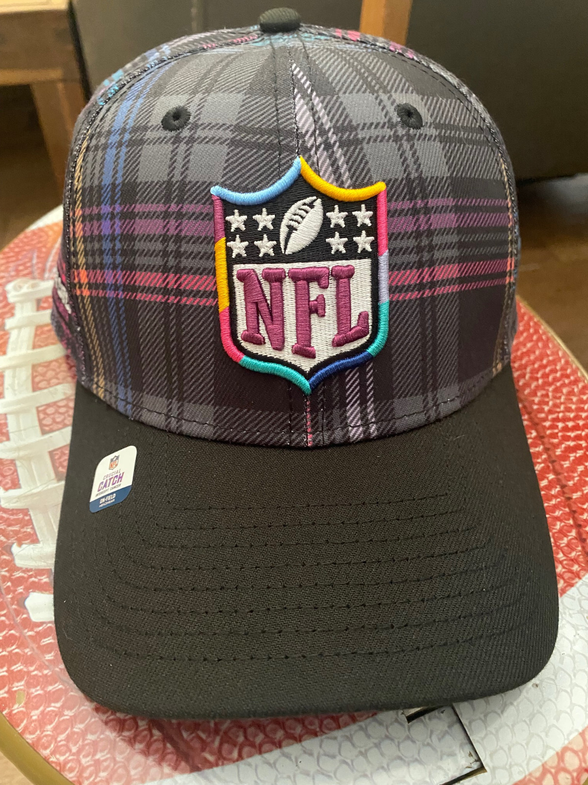 2024 NFL Shield Logo Crucial Catch Intercept Cancer Men’s On-Field Plaid Hat Cap