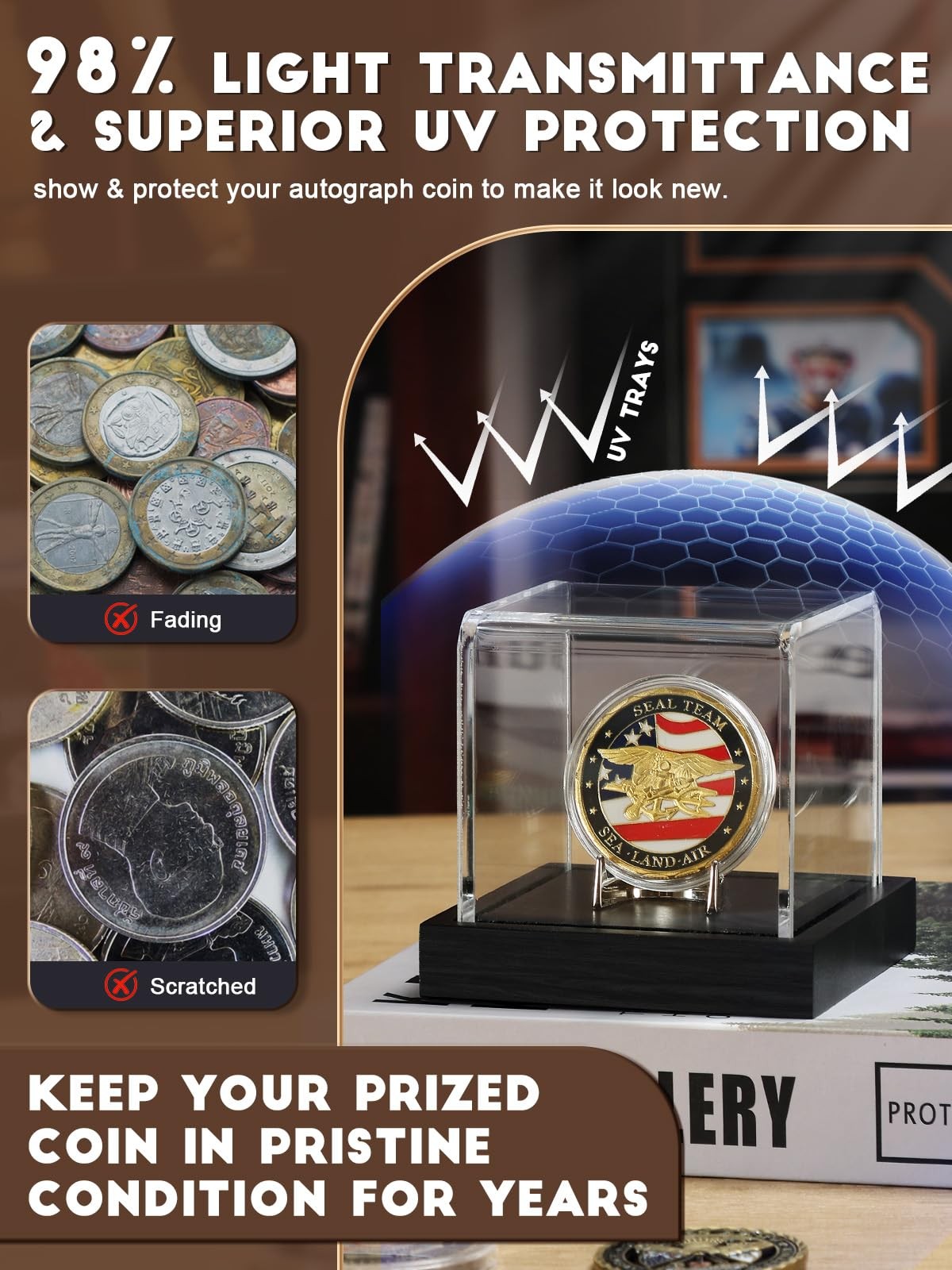 Coin Display Case Clear Acrylic Showcase Wood Base Alloy Holder Single Challenge